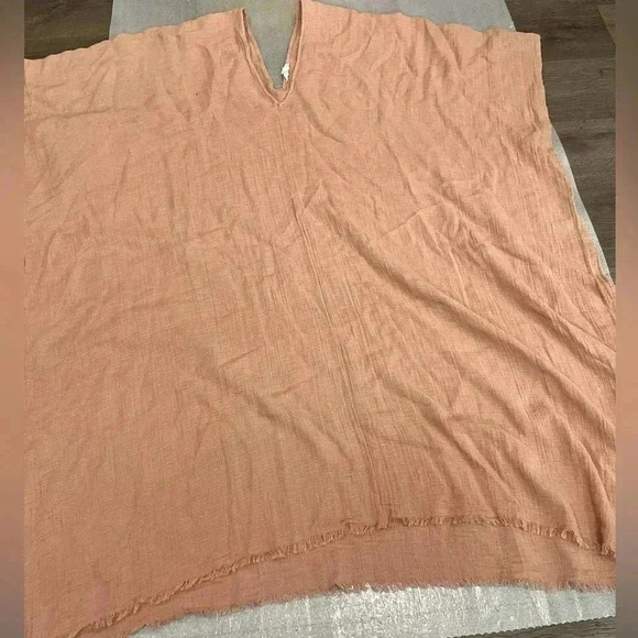 [OS]  Eileen Fisher V-Neck Organic Cotton Fringe-Trim Poncho Peach - Picture 2 of 8